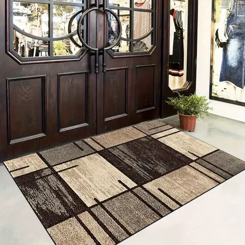 Brown Color Block Patchwork Doormat Nordic Home Decor Velvet Rectangular Entry for Front Door Foyer