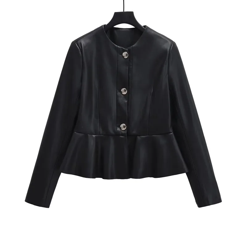 Women's Jacket Vintage Faux Leather Coat Fashion Black Round Neck Splicing Lace Hem Design Long Sleeve Single Breasted PU Tops