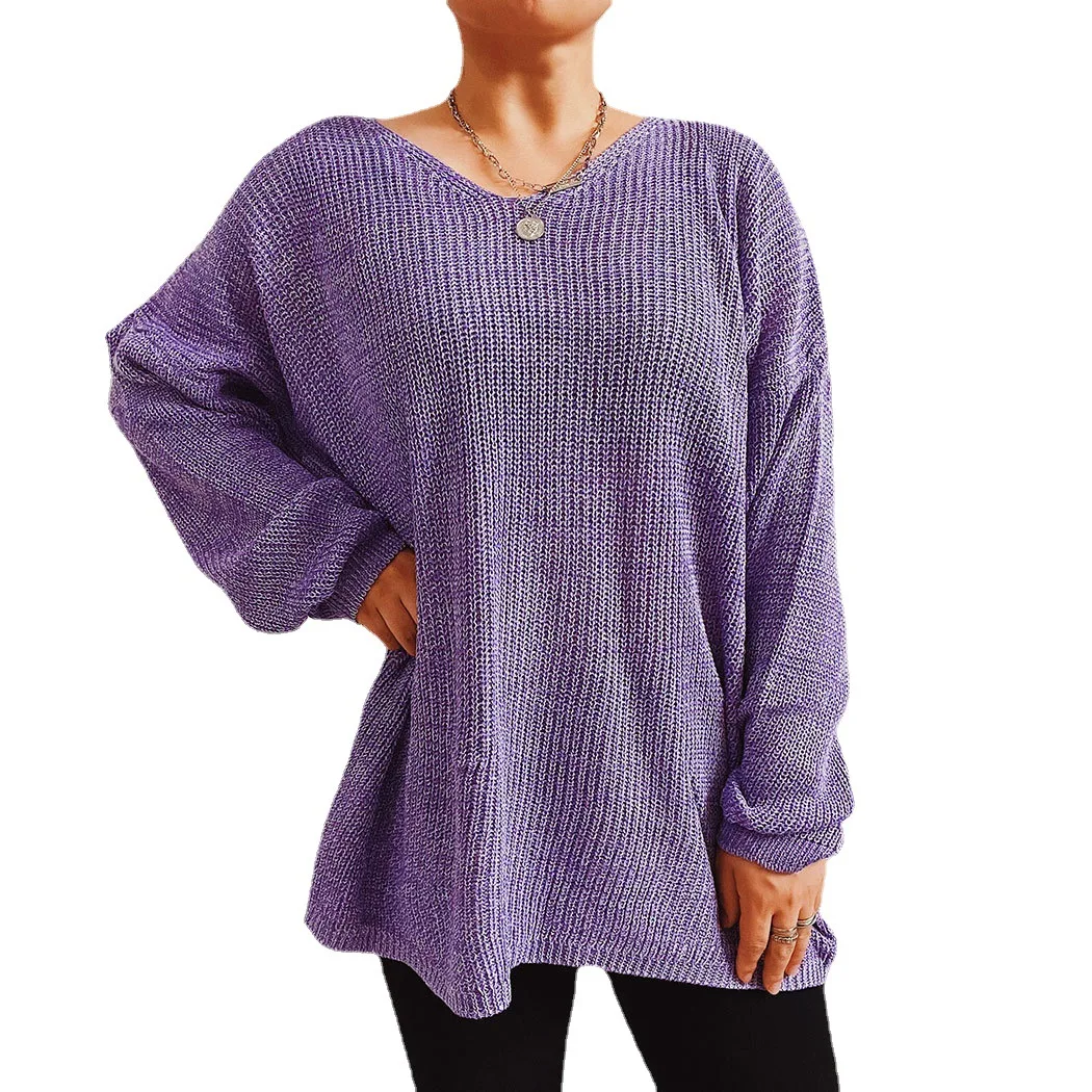 2023 Simple Loose Solid Color Large V-Neck Long Sleeve Thin Knitted Pullover Sweater