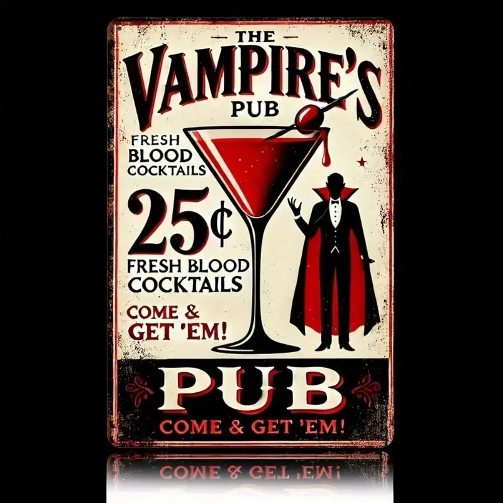 （2D Tin painting）Vintage Gothic Metal Sign, Retro Vampire Pub Wall Decor for Bar Cafe Man Cave
