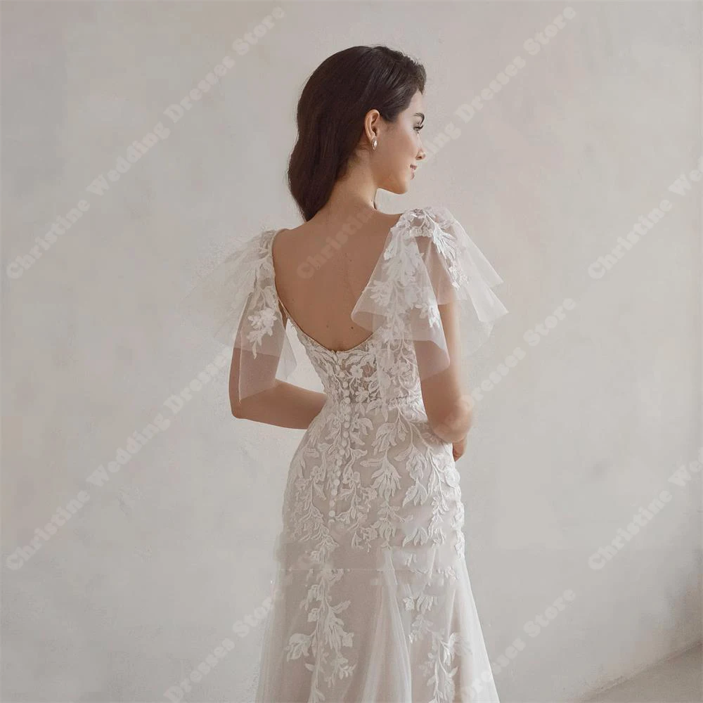 Robe de mariée en dentelle à manches courtes, col en V, appliques, tulle imprimé floral, patients, quel que soit le nouveau, robes de princesse dos nu, mariée unie, 2024