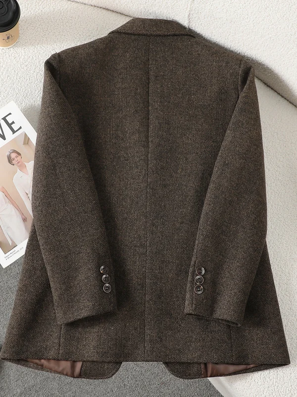 Caramel Woolen Suit Jacket Women's Commute Style Professional Career Polyester Fiber Long Sleeve Single Button Closure