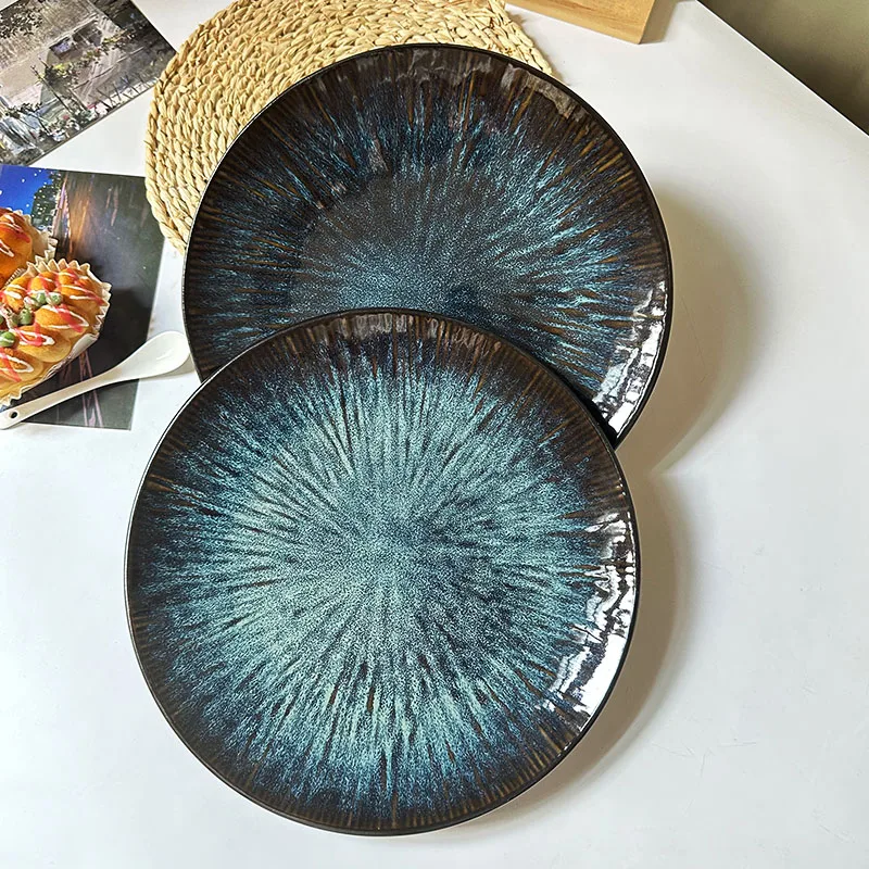 

Подглазурная цветная винтажная керамическая тарелка для стейка, 11-дюймовая тарелка для макарон, тарелка с тиснением для ресторана и дома