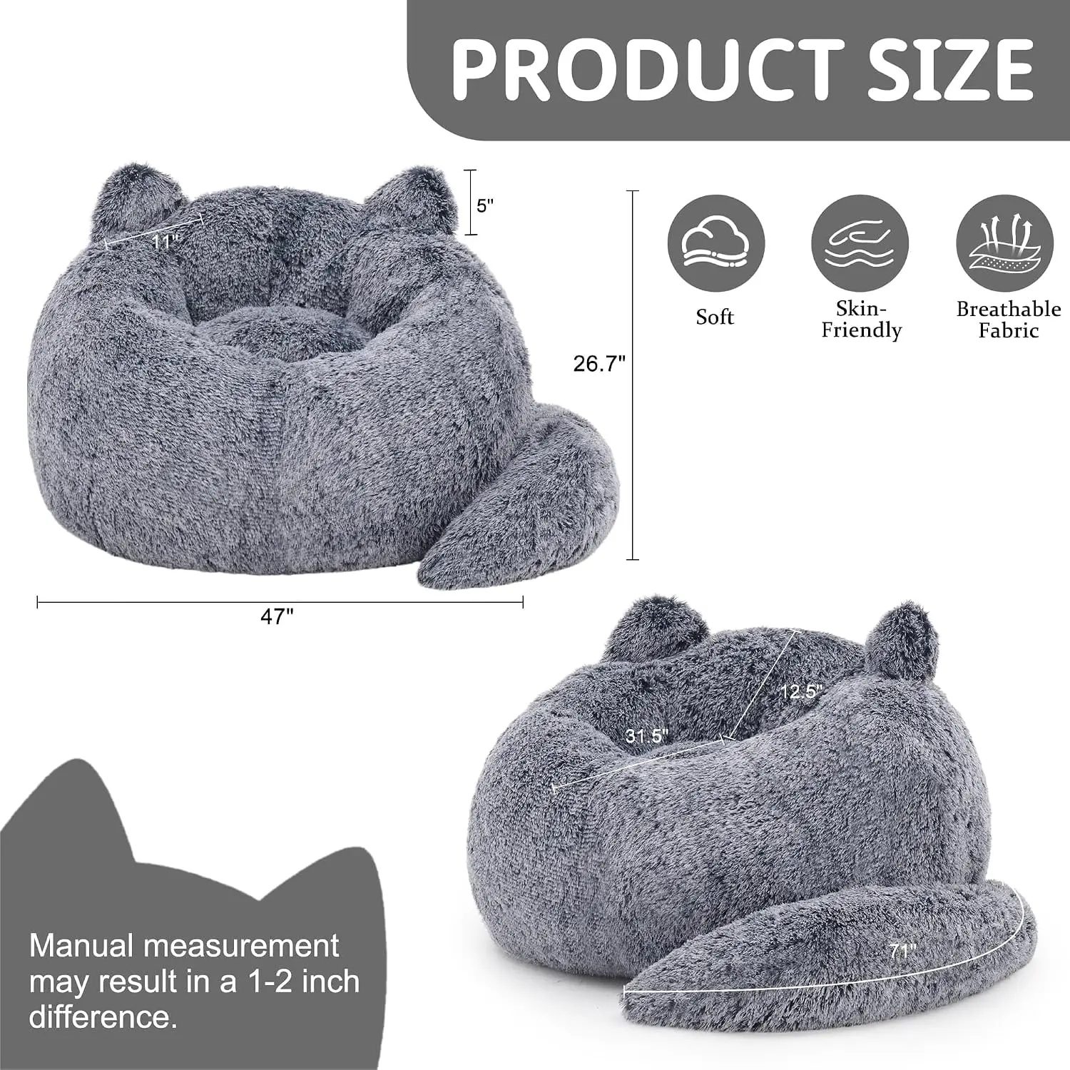 Bean Bag Chair, Giant Bean Bag Chairs for Adults Teens, Faux Fur Large Bean Bag Couch, Cat Shaped Fluffy Beanbag, Customized