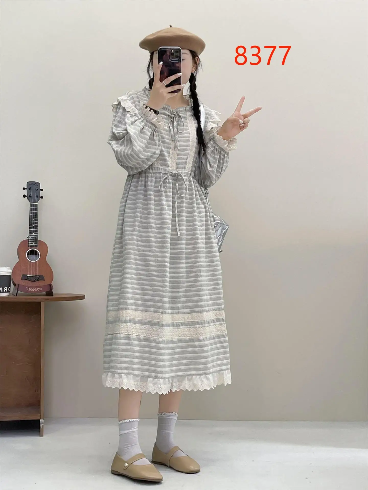 New Summer Cotton Long Sleeve Dresses, Woman O Neck Striped Lace, Mori Girl French Prairie Chic Loose Dress, 2024 Fall D48290QC