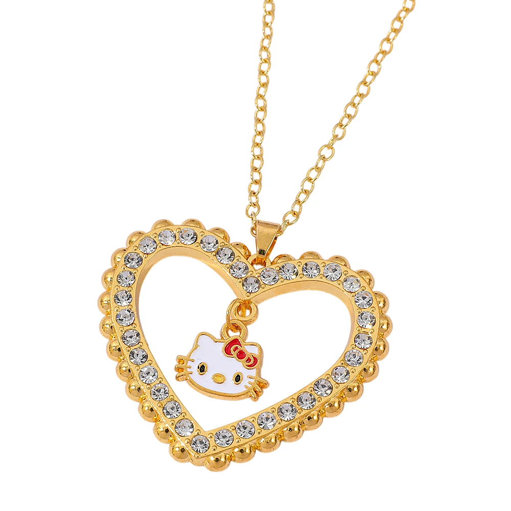 Sanrio Hello Kitty Kalung Liontin Berlian Imitasi Berbentuk Hati Berongga y2k Aksesori Mainan Wanita Hadiah Modis