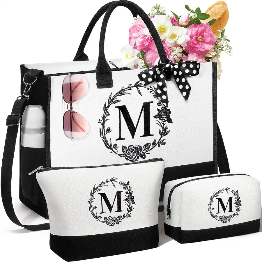 

Personalized Mothers Day Gifts for Women Initial Canvas Tote Bag Makeup Bag Monogrammed Beach Tote Bag for Women w Zipper Birth