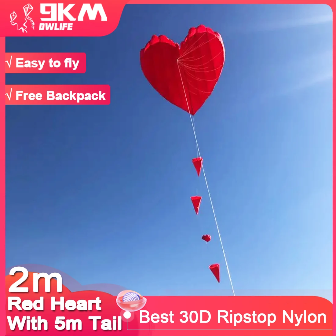 9KM 2m Rood Hart Met 5m Staart Vlieger Lijn Wasserij Hanger Zachte Opblaasbare Show Kite voor Kite Festival Ripstop Nylon Stof