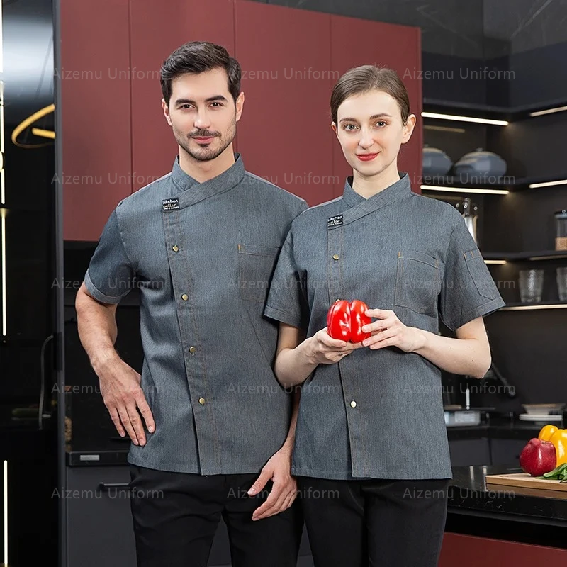 Black Unisex Kitchen hotel Chef Uniform Bakery FoodService Cook Short Sleeve shirt Breathable Double Breasted Chef Jacket clothe