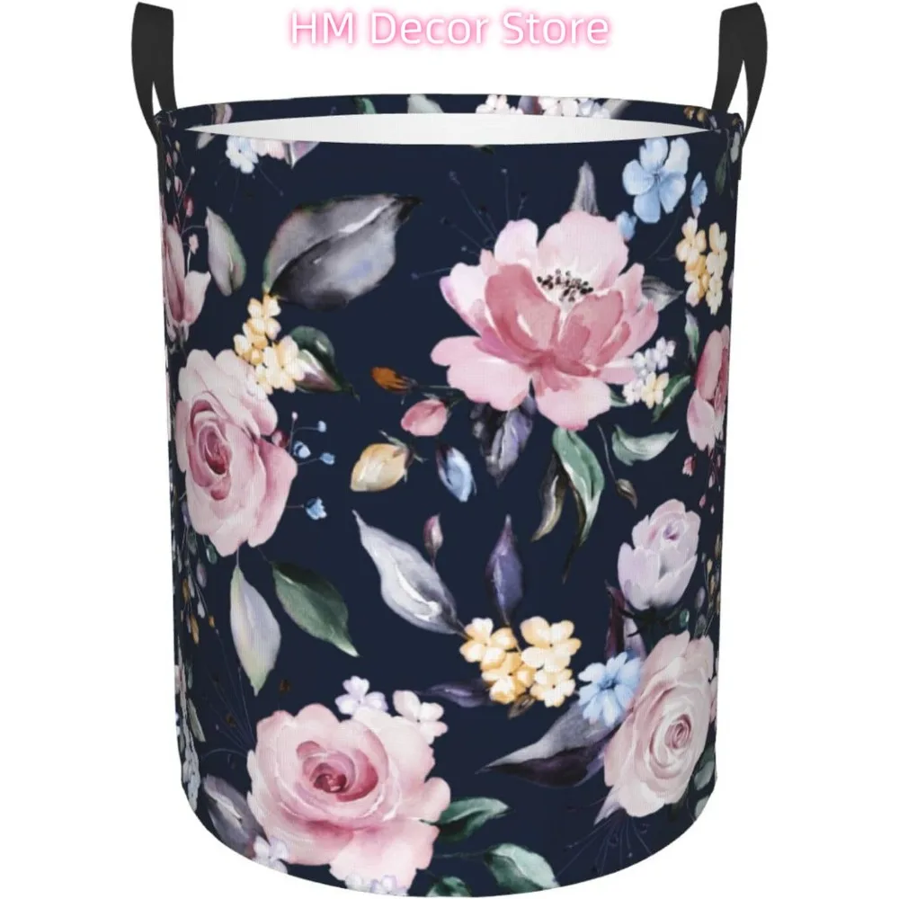 Watercolor Spring Flowers and Leaves Laundry Basket with Handle Waterproof Collapsible Cloth Hamper Round Storage Basket for Bat