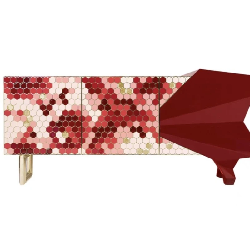 Metal support foot angular burgundy abstract side panel minimalist decorative cabinet