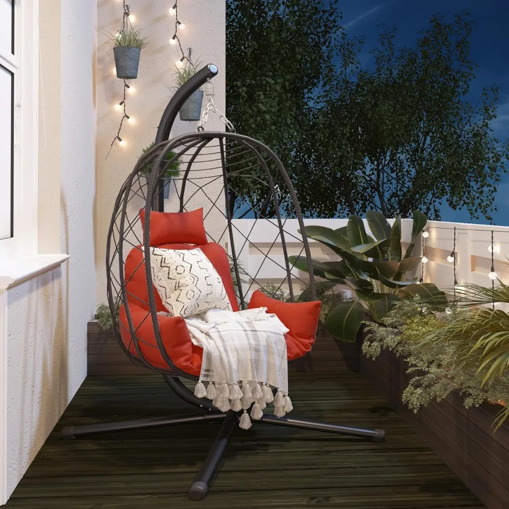 Egg Hanging Swing Chair with Stand and Cushion, Patio Wicker Egg Chair 350lbs Capacity, Indoor Outdoor Hammock Egg Chair for Bed