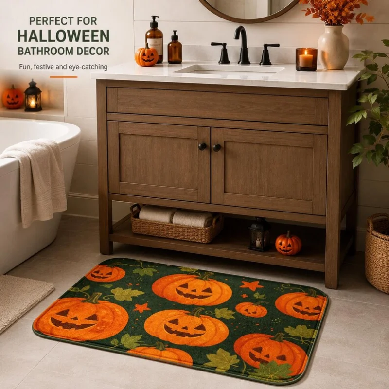 VIKAMA Dark Green Jack O Lantern Halloween Doormat Pumpkin Leaf Print Non Slip Washable Farmhouse Front Entry Decor Rug