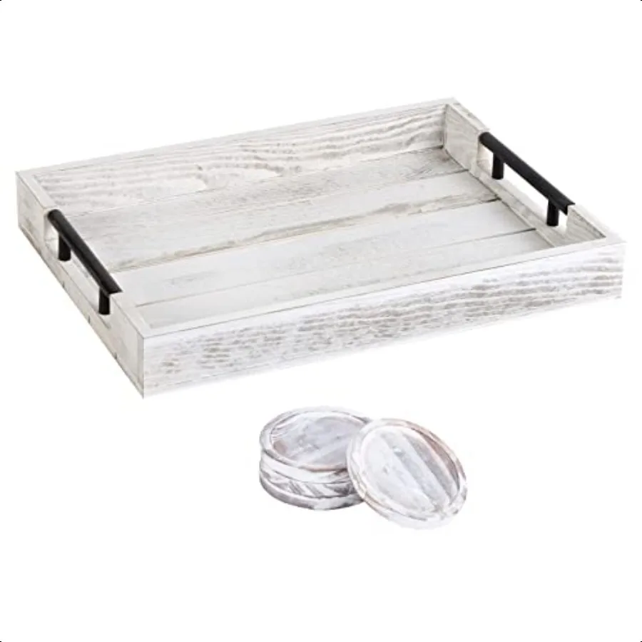 

Wooden Serving Ottoman Tray With 4 Coasters Breakfast Tray With Handles Home Decor for Living Room Coffee Table