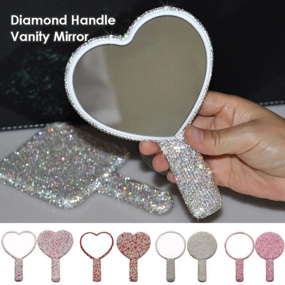 Cute Rhinestone Makeup Mirror Round Square Heart Shape Shiny Bling Cosmetic Hand Mirror Portable with Handle Handheld Mirror