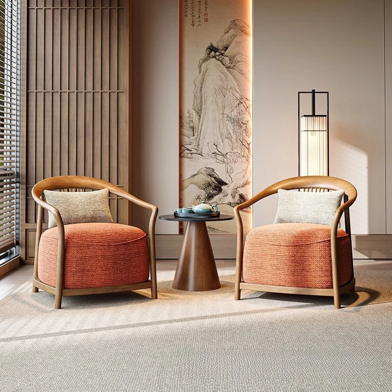 New Chinese-style single leisure chair sales department negotiates solid wood fabric sofa hotel lobby meeting area single chair
