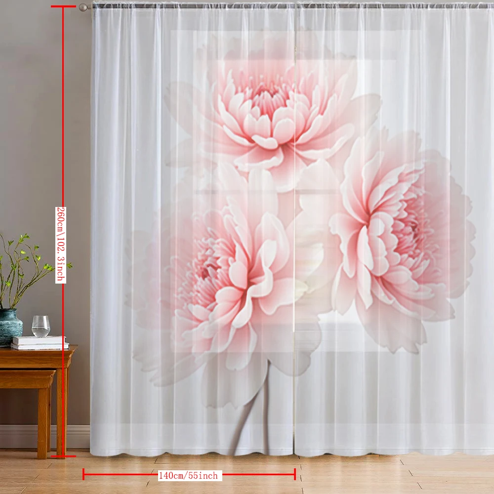 2PCS Home decoration pink chrysanthemum printed window screens with pole bags, suitable for kitchens, cafes, and living rooms