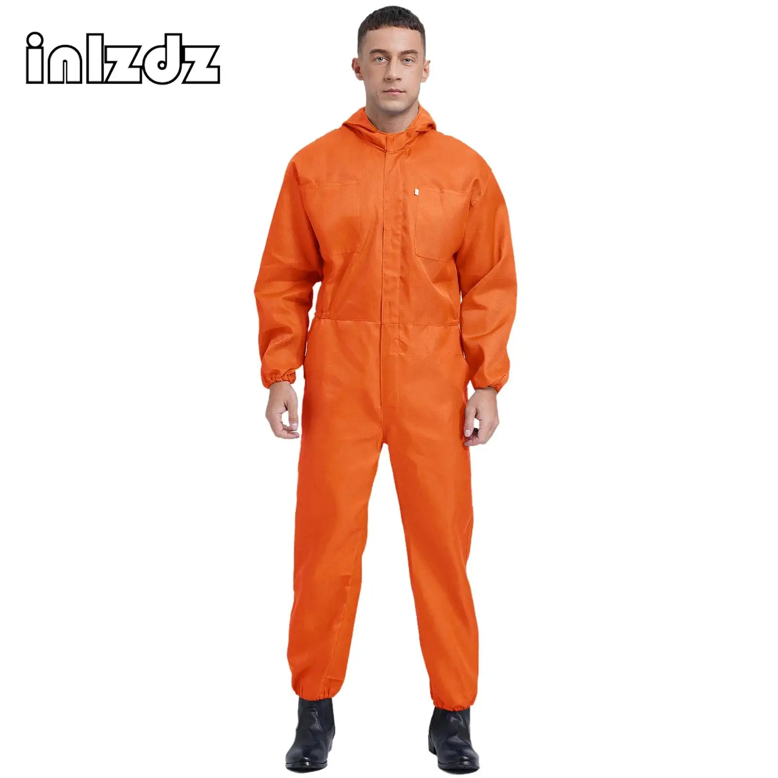 

Mens Dustproof Hooded Coverall Jumpsuit Garment Long Sleeve Half Zipper Big Pockets Overalls Dungarees Workshop Work Clothes New