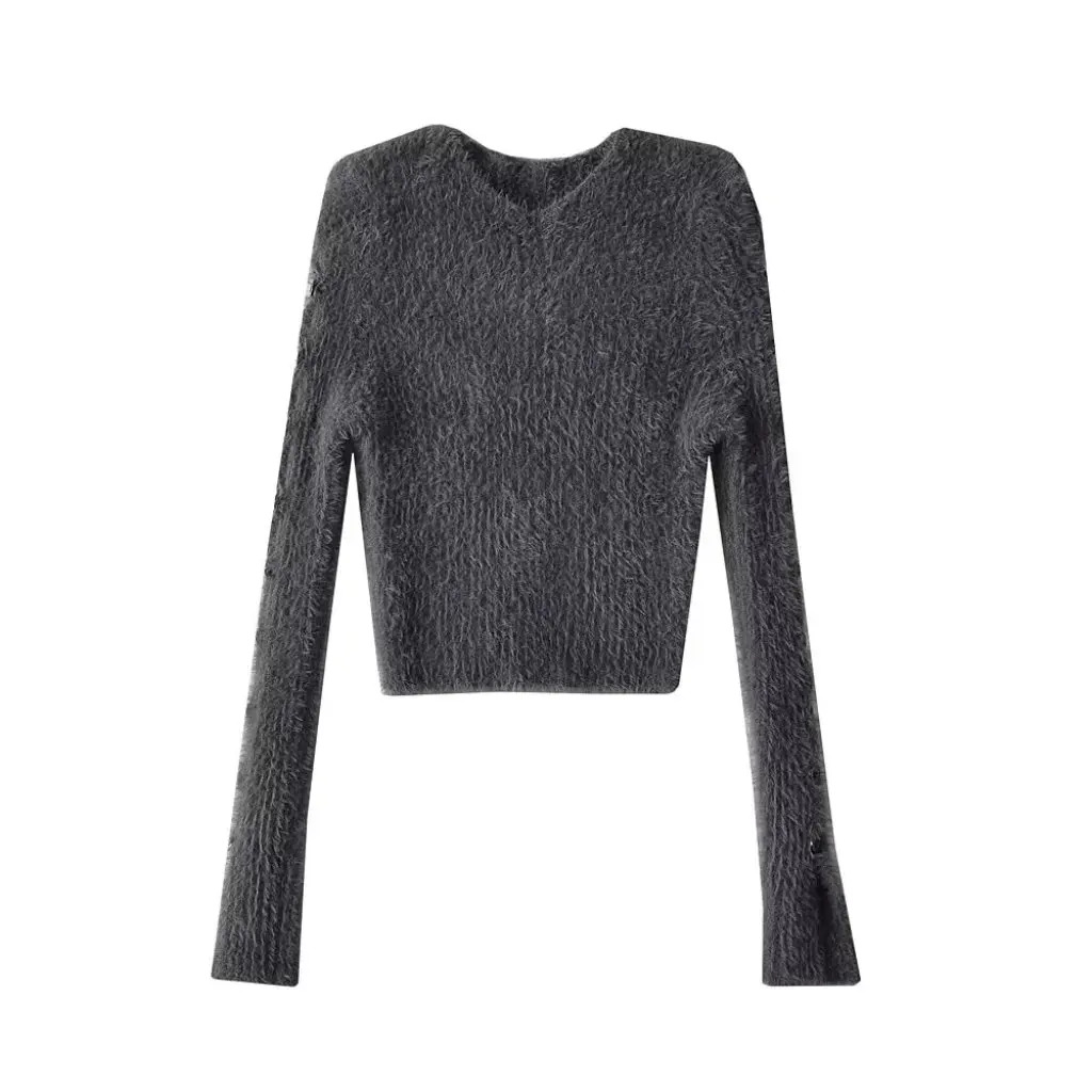

Women's Slim Fit Plush Knitted Sweater Crew Neck Button Split Long-Sleeved Trendy Winter New Spice Girl Style Elastic