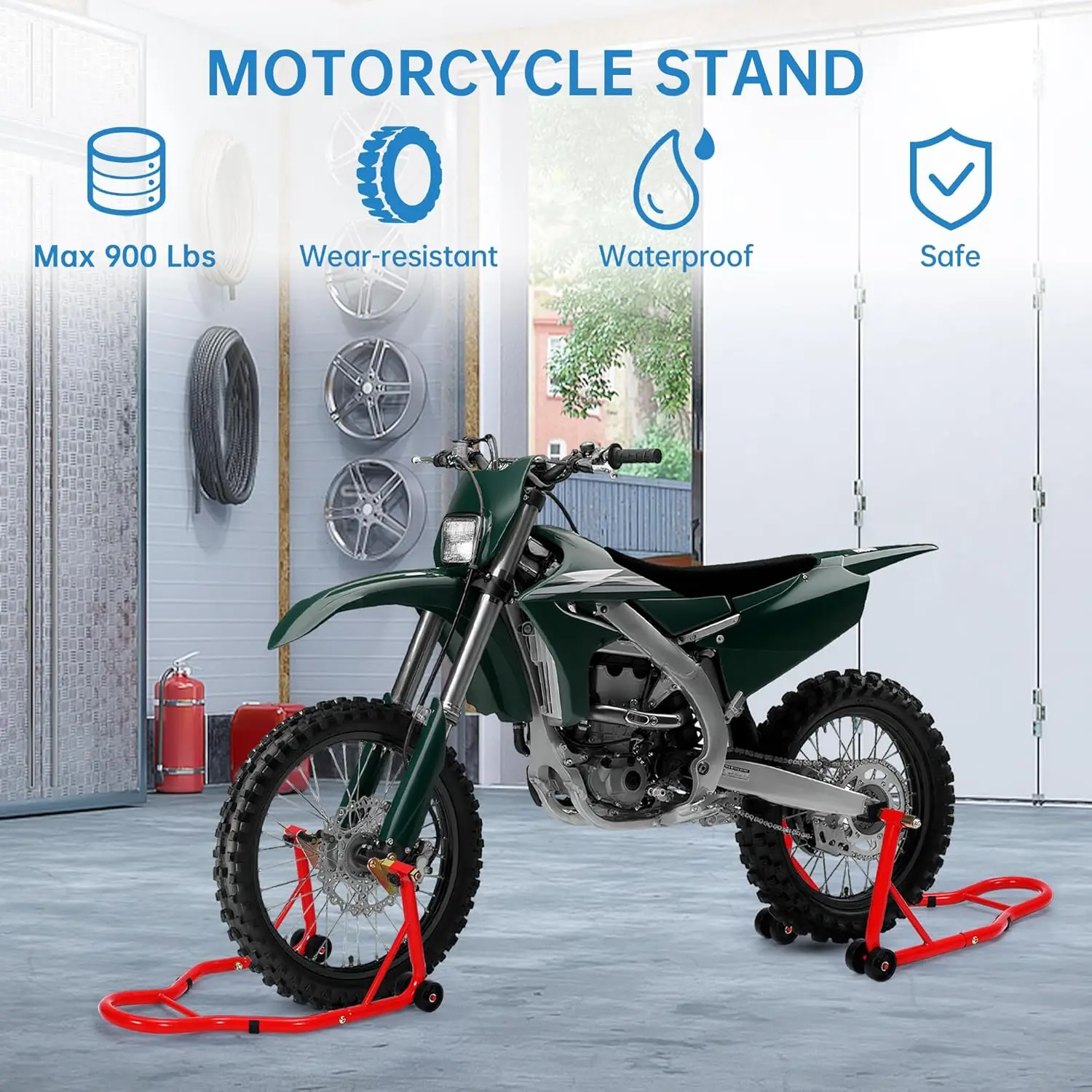 Motorcycle Front & Rear Stand Combo Universal Wheel Lift Paddock Stand with Prong Adapters+L Adjustable Swingarm Spool