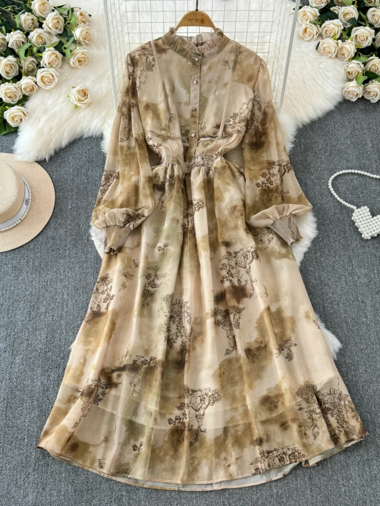 Women French Printing Chiffon Dress Spring Autumn Stand Collar Button Slim Long Dresses Ladies Bubble Sleeve Floral Long Robe