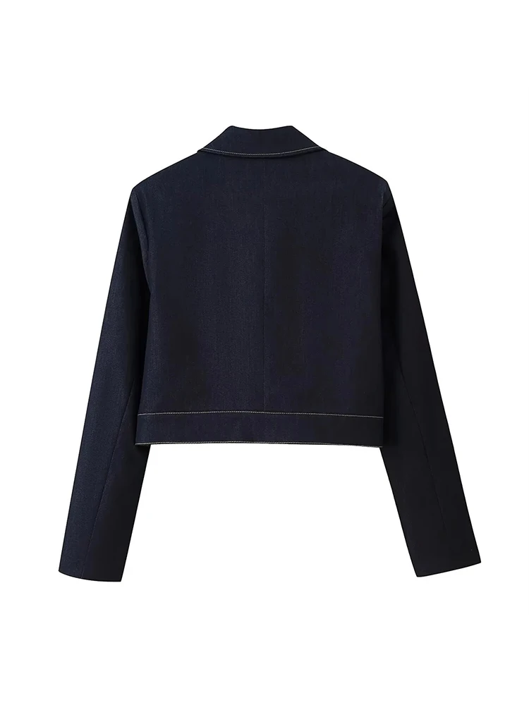 بنطلون جينز نسائي بساق مستقيمة باللون الكحلي وياقة مع طية صدر وسترة جينز بأكمام طويلة وصدّار واحد وملابس غير رسمية للنساء