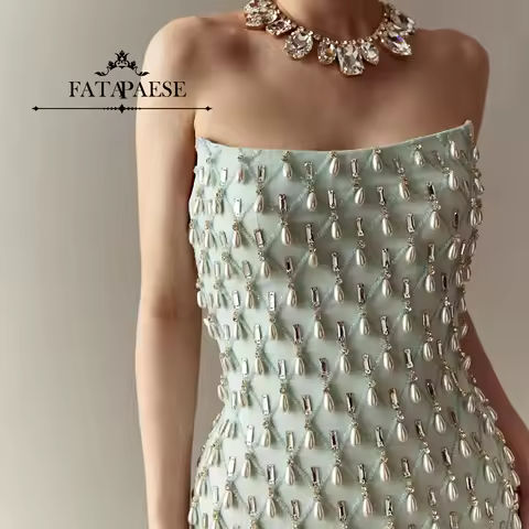 FATAPAESE Customized Luxury Dubai Arabic Strapless Water Droplet Round Beaded on Dress Sheath Evening Dress Wedding Party Gown