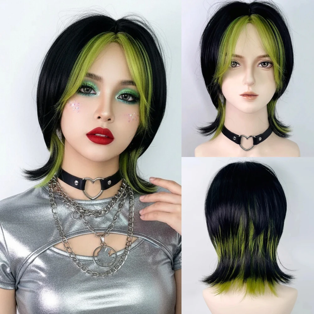 Synthetic Ombre Black Green Blend Layered Lolita Cosplay Wig for Daily Party Women And Men Short Straight Mullet Head Wigs
