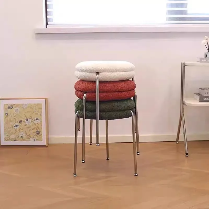 Minimalist style Home Decoration Chair Bedroom Makeup Stool Ironwork Lambskin Fabric Creative Design Artistic Small Round Stool