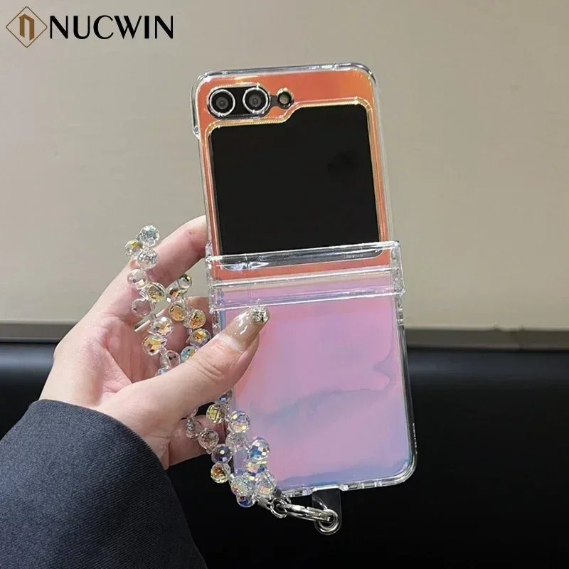 Für Samsung Galaxy Z Flip 6 5 4 3 Flip5 Glitter Aurora Handgelenk Kette Fall für Samsung Flip6 Flip4 Flip3 Armband Laser Bling Abdeckung