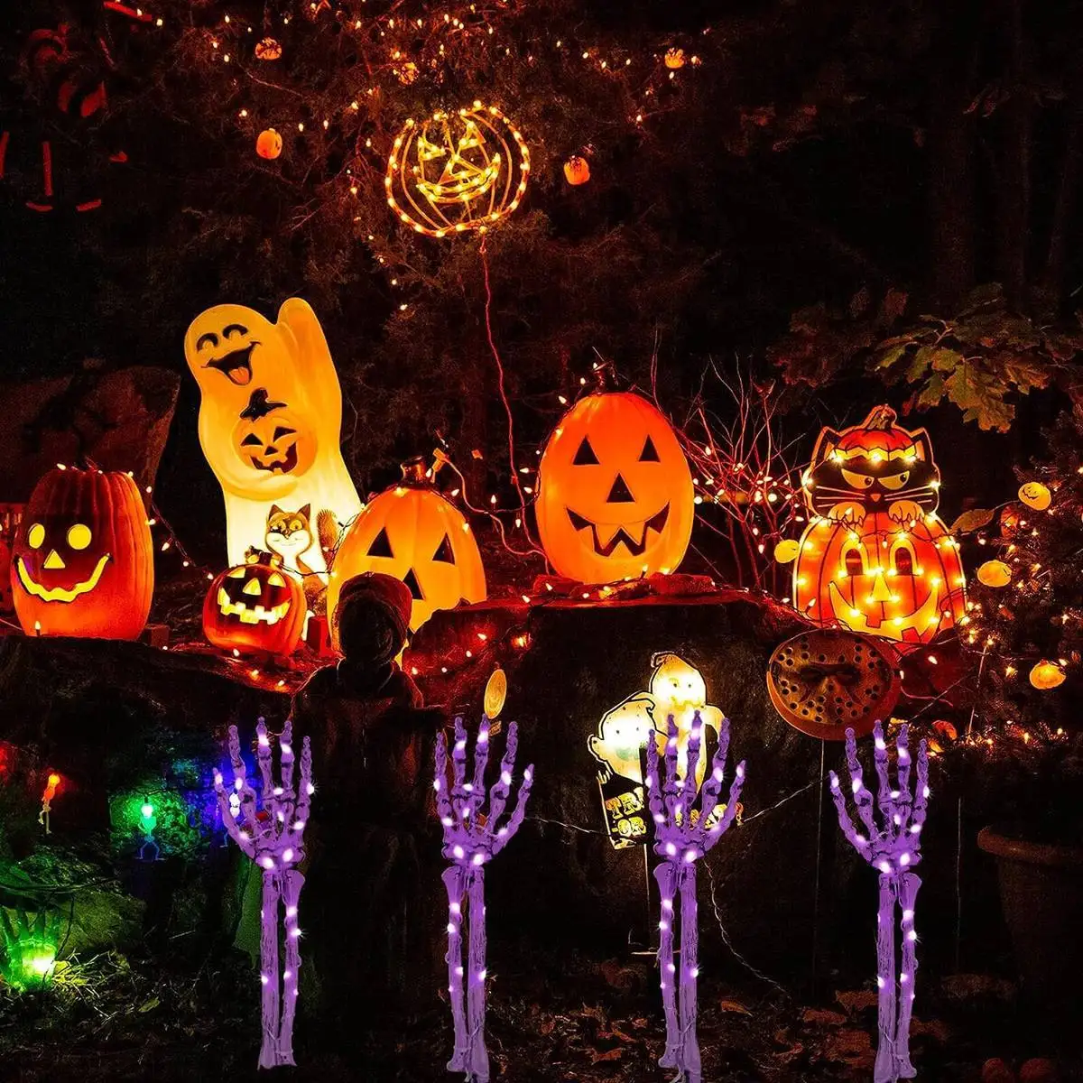 2 Buah/Set 100LED Lampu Kawat Tembaga Surya Tangan Kerangka Lampu Ungu & Oranye dengan 8 Mode untuk Dekorasi Halloween Halaman Taman Rumah