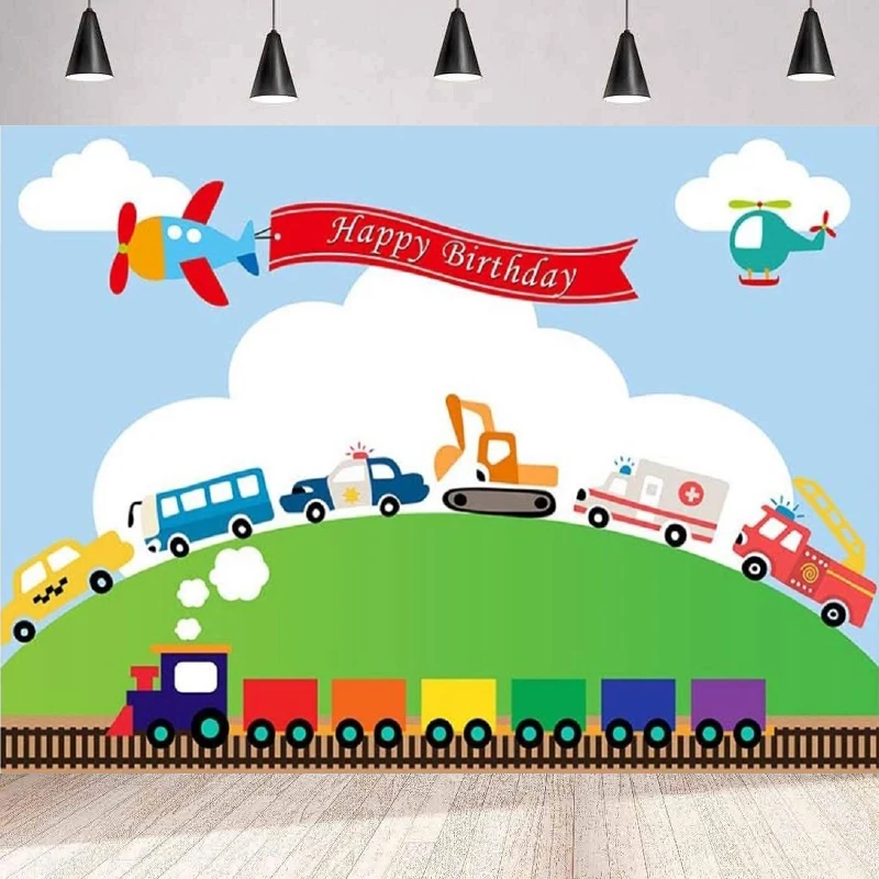 Transportation Photography Backdrop Automobile Train Planes Car Truck Birthday Party Blue Sky White Cloud Green Lawn Background