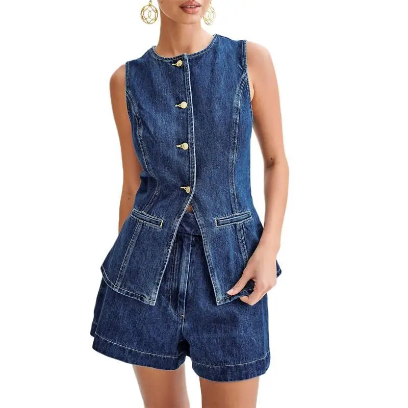 Women's Denim Long Vest Tops Button-Up Back Slit Sleeveless Summer Fashion Set Casual Work Uniforms Female Clothing