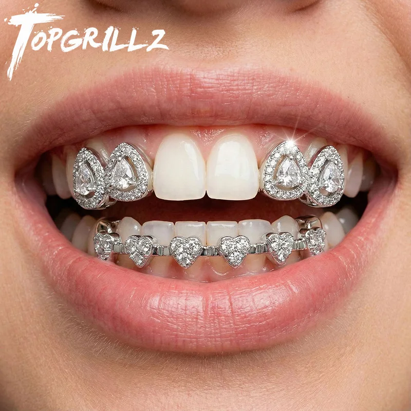 TOPGRILLZ DIY Top Bottom Bling Heart Zircon Teeth Grillz Punk 5A+ CZ Stone Hollow Tooth Caps For Women Men Jewelry Dental Grills
