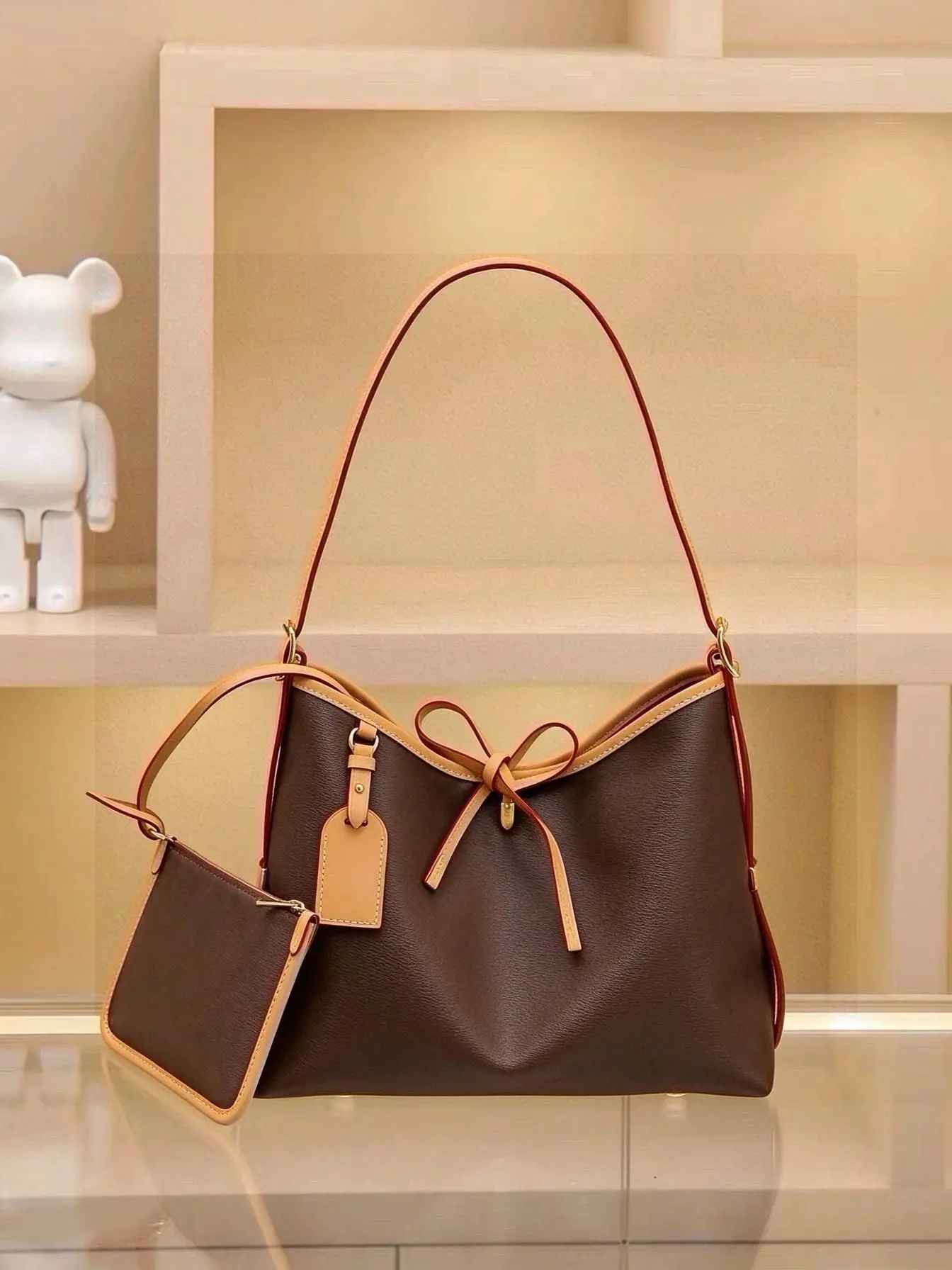 Vintage Color Block Tote Bag with Small Pouch for Women, Large Capacity Shoulder Bag, Bow Decor Contrast Leather Trim, Commute Underarm Purse