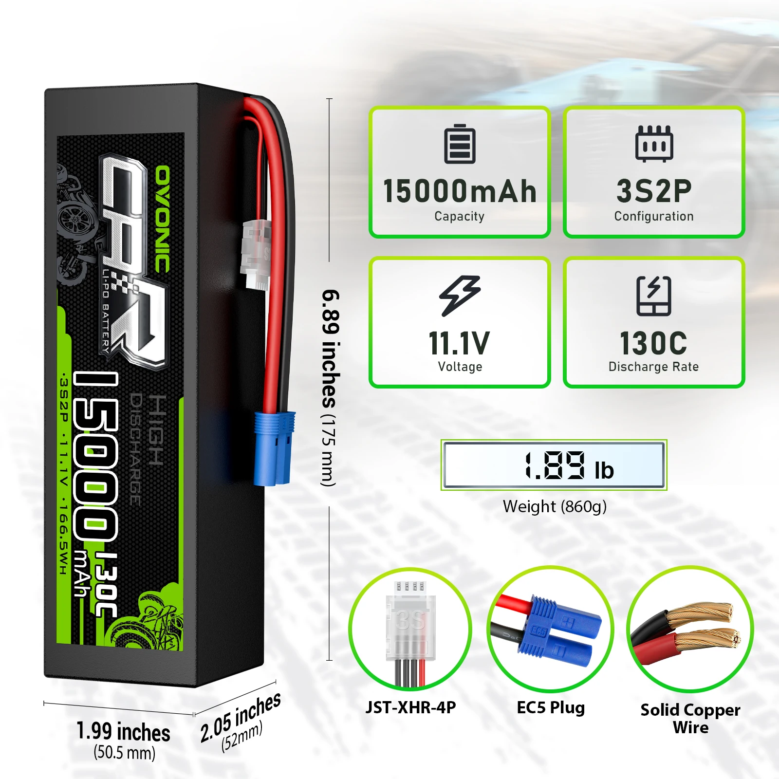 OVONIC 3S Hard Case LiPo Battery 11.1V 15000mAh 130C EC5 Connector RC Lipo Battery for RC Car Truck Buggy RC Hobby (2 Pack)