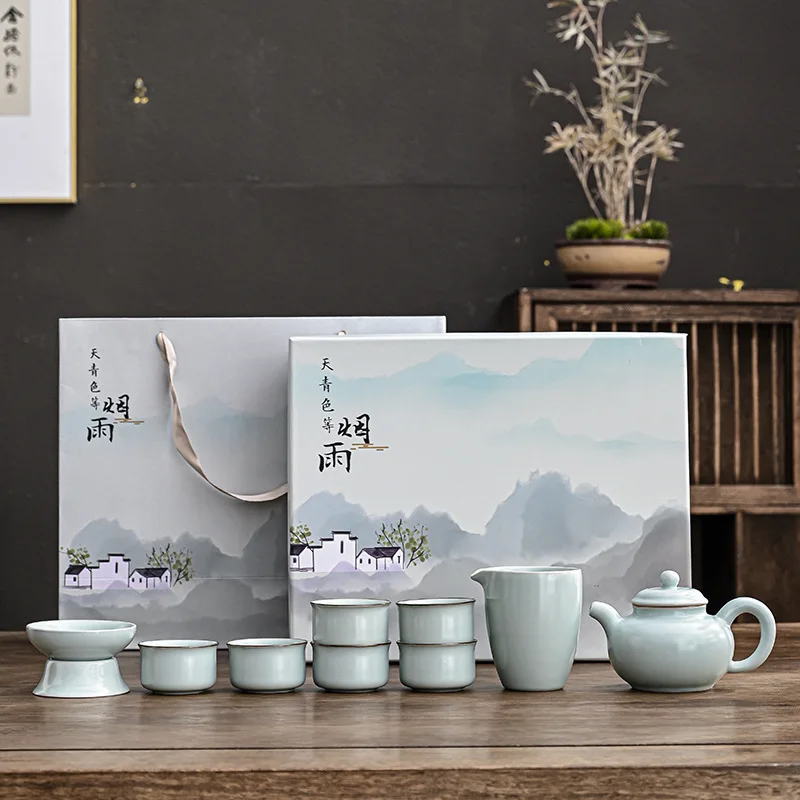 Ru Kiln Ice Crack Kung Fu Set for Home Living Room Ceramic Teapot Crackle Luxury Tea Cup High-end Gift