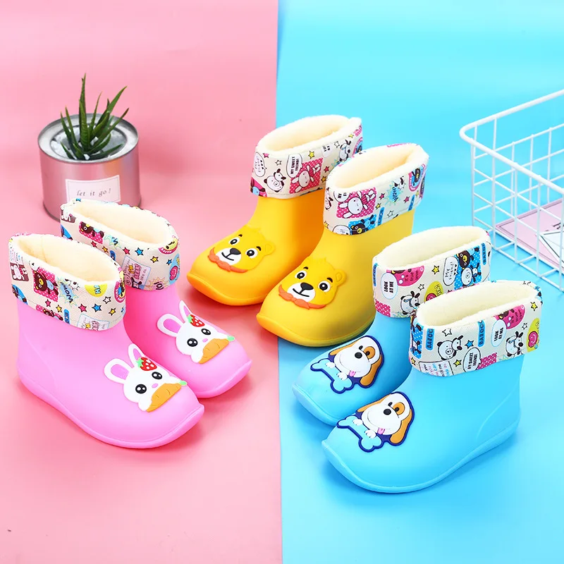 Children Cotton Rain Boots Cute Cartoon Rubber Shoes Waterproof Non Slip Plush Water Boots Student Kid\'s Boot for Boys Girls