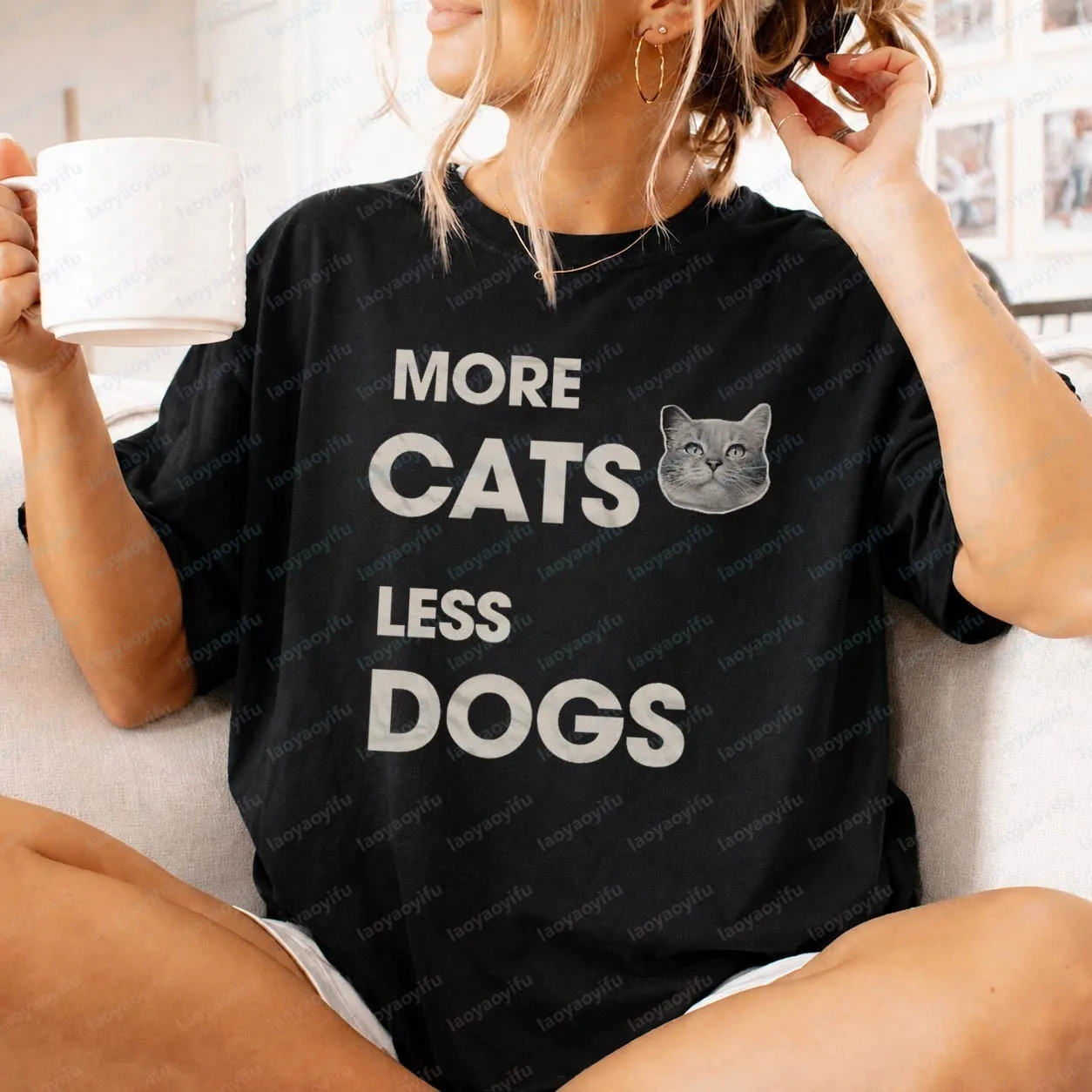 More Cats Less Dogs Funny Cat Lover Mom Dad Pets T Shirt Casual Loose Streetwear with Short Sleeves and Round Neck