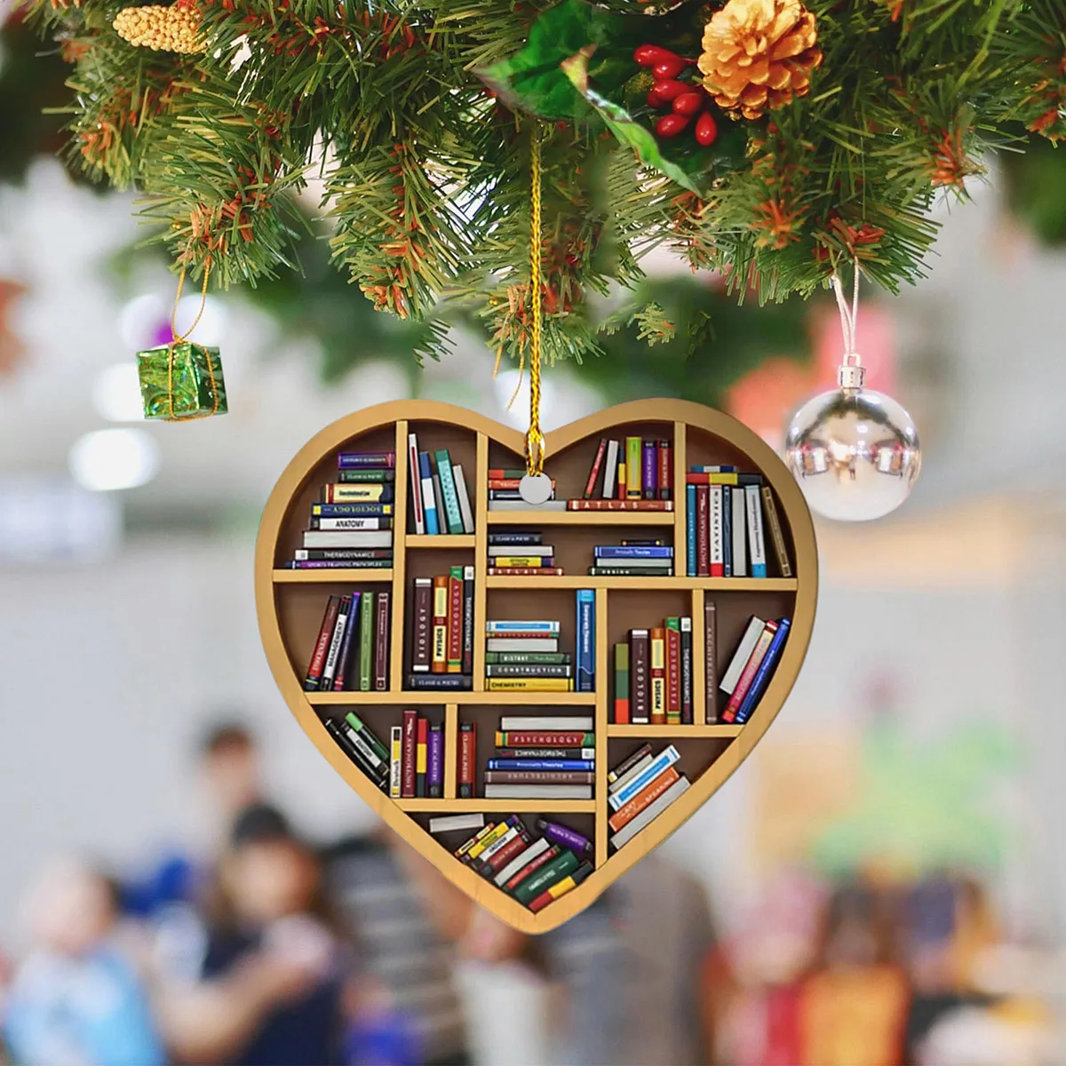 Christmas Tree Decorations 2023 Book Lovers Heart Shaped Bookshelf Pendant Wood Ornament