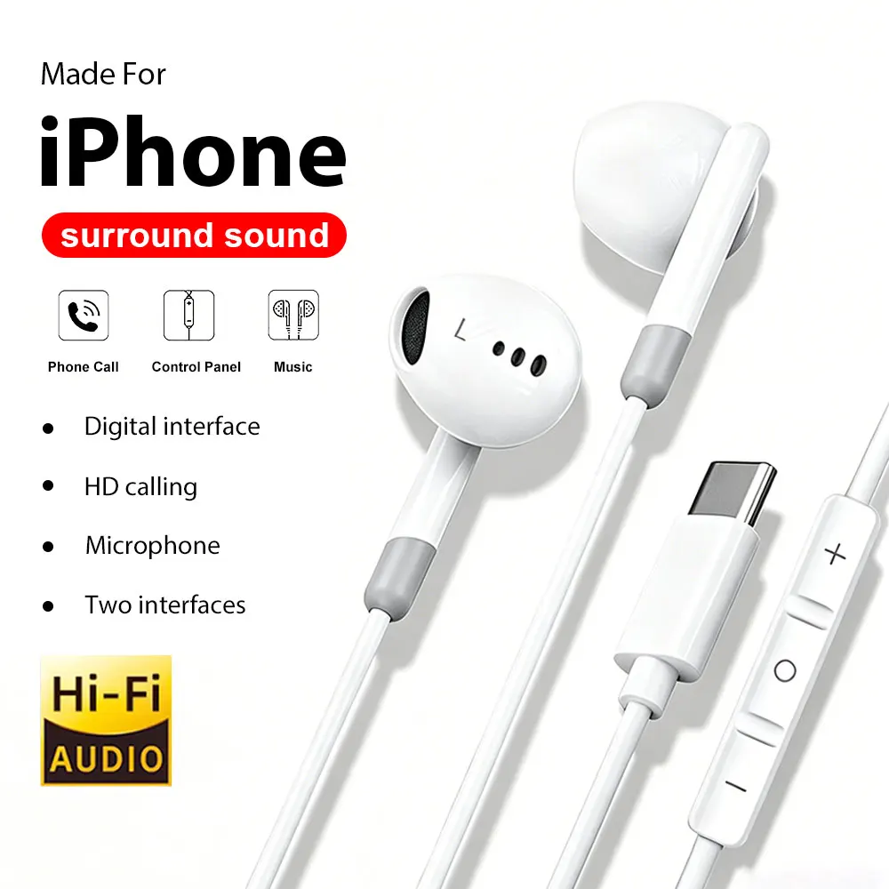 For iphone Headphones Wired Earphones HiFi Surround Sound Earplugs Type C 3.5mm With Microphone Headset For Apple 17 16 Pro Max — product photo 1 of 1