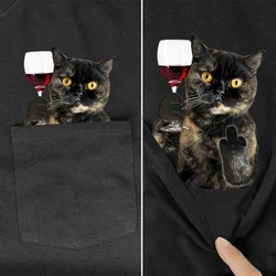 CLOOCL Tortoiseshell Cat Red Wine Cotton T-Shirts High-quality Middle Finger Print Pocket T-shirt Mens Women Short Sleeve Shirts