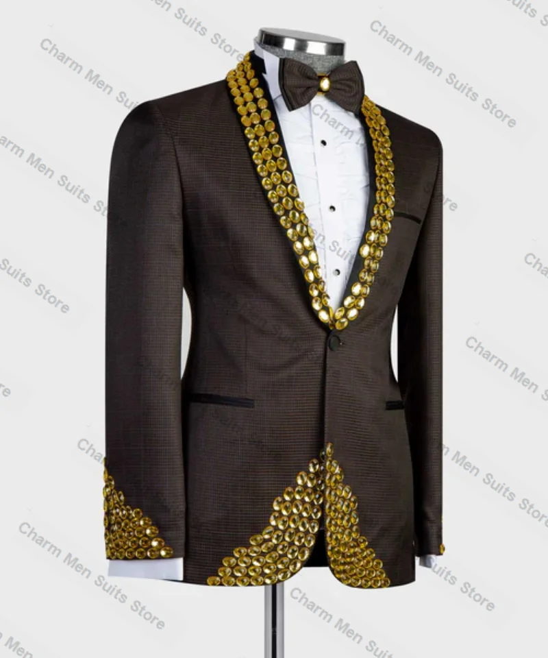 Houndstooth Brown Men Suits Set 2 Piece Blazer+Pant Trousers Gold Crystals Customized Wedding Tuxedo Formal Office Prom Jacket