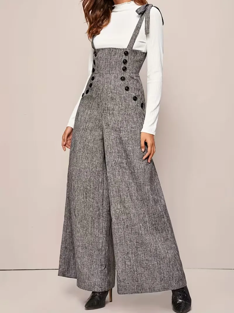 Elegant Jumpsuit Button Adjustable Wide-Leg Overalls Shoulder-Strap Loose Casual Romper High-Waist Flowy Relaxed Dungarees view 2