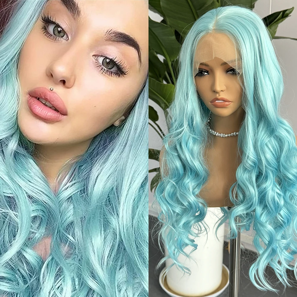 Blue Lace Wig Synthetic Long Deep Wave Wigs for Women Front Lace Wig Colored Synthetic Hair Lace Wigs Daily Wear Cosplay Wig