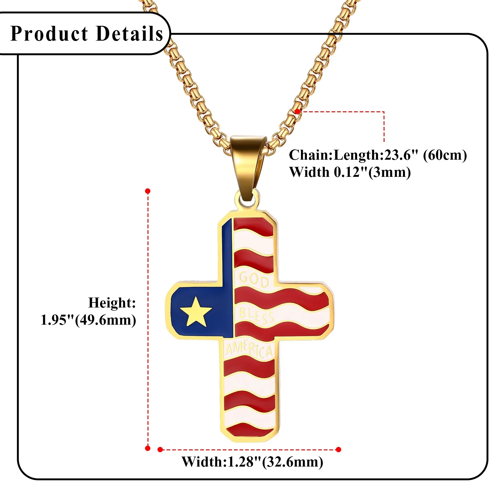 American Flag Cross Necklace for Men Stainless Steel Patriotic Christian Pendant Chain USA Faith Gift for Him Dad Veterans