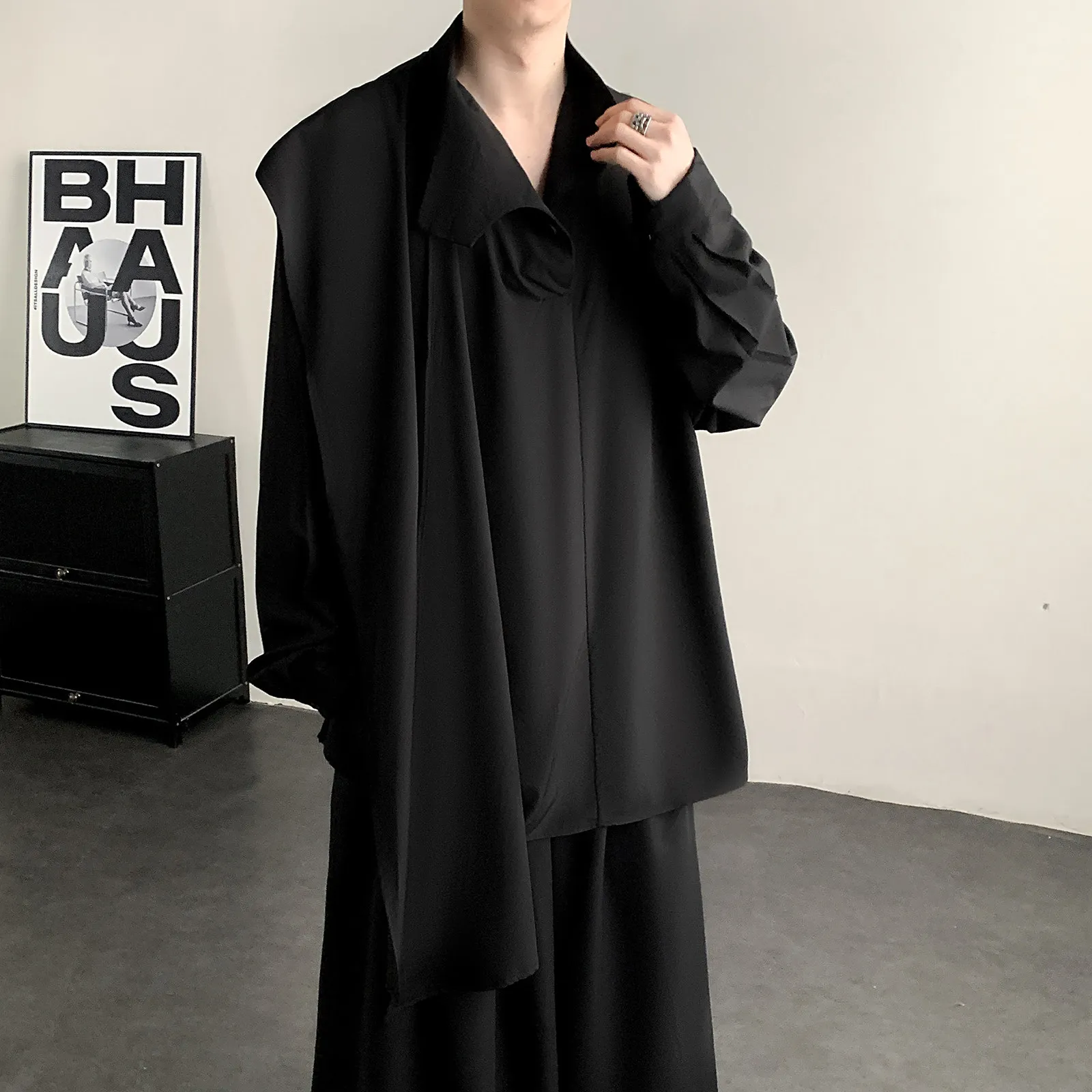 2026 New Chinese Style Dark Punk Shirt Men Vintage Half High Collar Minimalist Patchwork Top