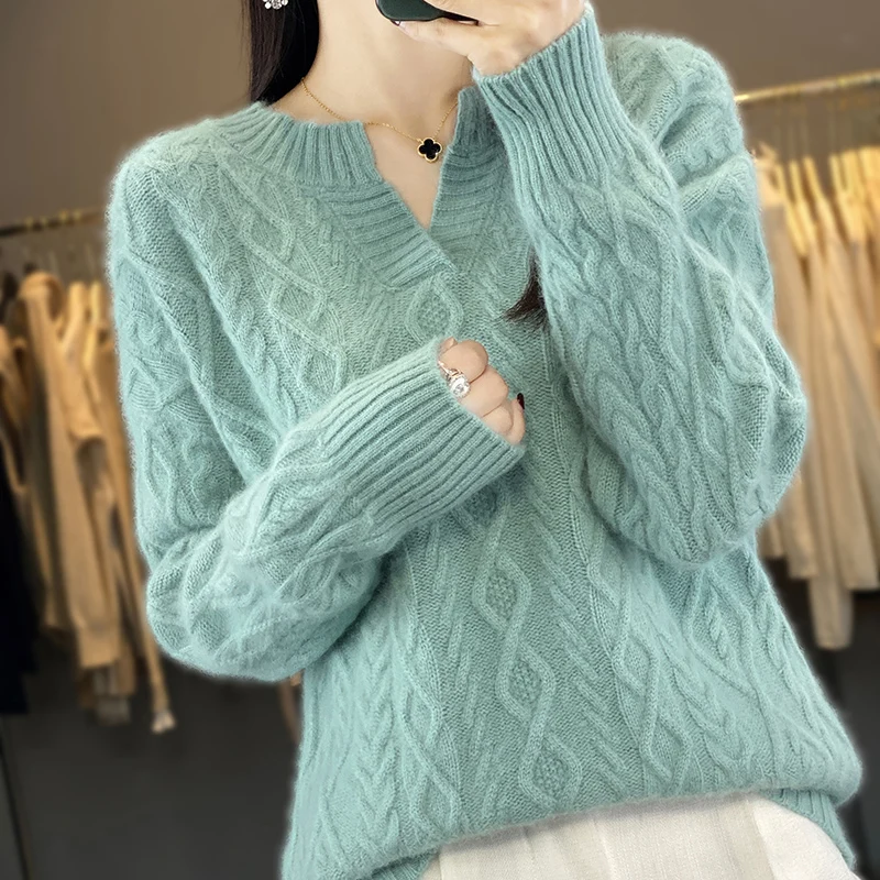 Women's Pure Mink Cashmere Sweater, Small V-Neck Pullover, Diamond Twist Knit Sweater, Long Sleeves, Thick, Warm, Autumn, Winter