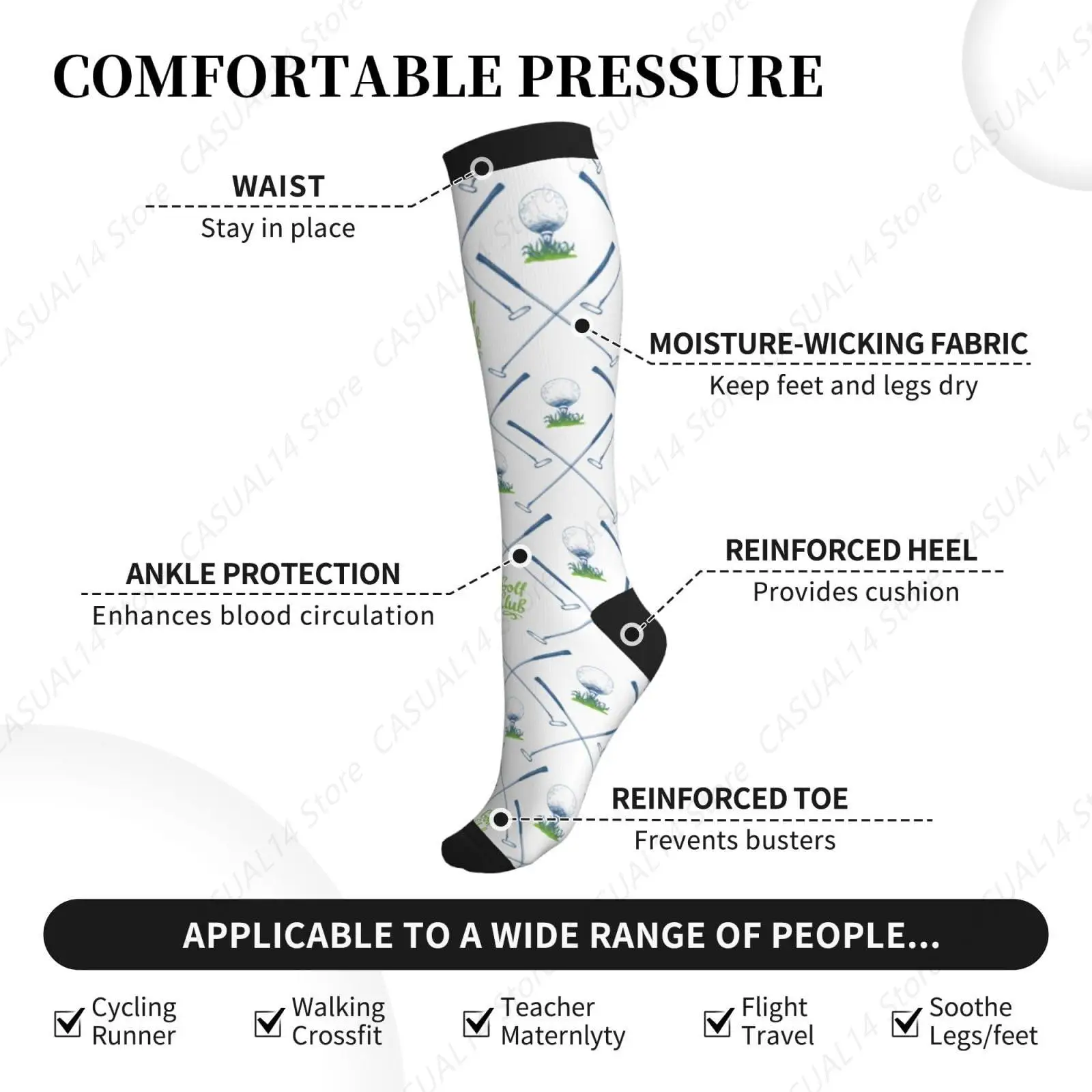 Golf Compression Socks Knee High Support Socks Novelty For Women Men Athletic Running Hiking Nurse