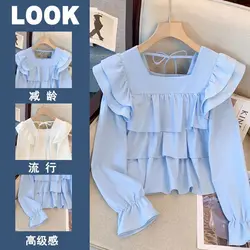 Korean Artsy Design Square Collar Ruffled Long Sleeve Shirt for Women 2023 Autumn New Elegant Versatile Top